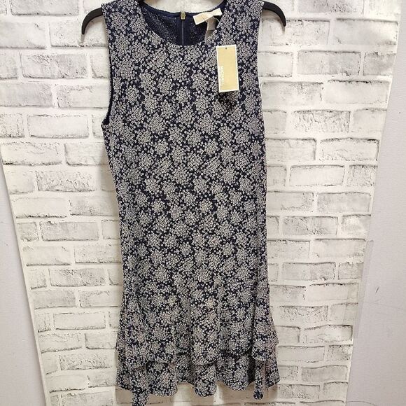 Michael Kors Blue and White Ruffled Sheath Mini Dress - Picture 1 of 3